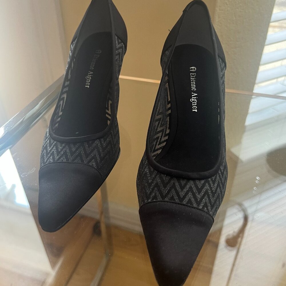 Vintage Etienne Aigner Black Satin Geometric Design Pumps-Good Condition